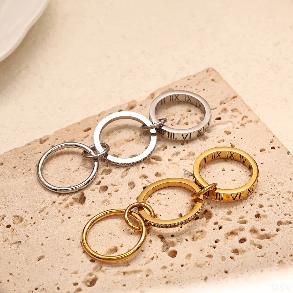 JOVO LOVE Three Layers Roman Numerals Stacking Ring for Women  Stainless Steel Our Fingers Chain Shape Variable Crystal Rings
