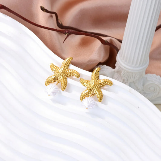 Free Shipping Imitation Pearl Starfish Stud Earrings For Women Stainless Steel Piercing Earring 2025 New Fashion Wedding Jewelry