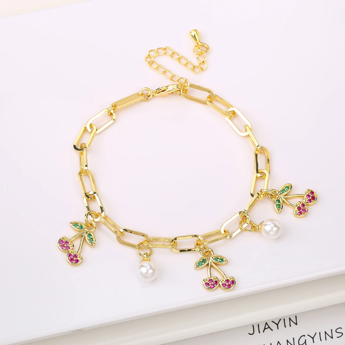 17 Colors Gold Plated Fruit Cherry Crystal Zirconia Adjustable Pearl Bracelet Luxury for Women Girls Casual Daily Party Jewelry