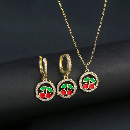 Light Luxury Crystal Zirconia Red Cherry Jewelry Set Earrings Necklace for Women Girls Sweet Jewelry Accessories Party Gifts