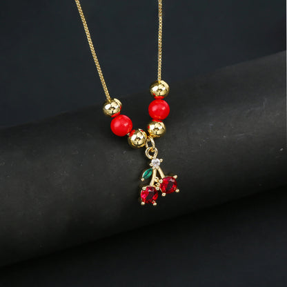 Hot Sale Crystal Red Cherry Pendant Necklace For Woman Gold Plated Fruit Collarbone Chain Fashion Daily Party Jewelry Gift