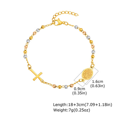Vnox Stainless Steel Beaded Virgin Mary Bracelet,Charm Rosary Cross Chain Bracelet For Women,Religion Christ Three Color Jewelry