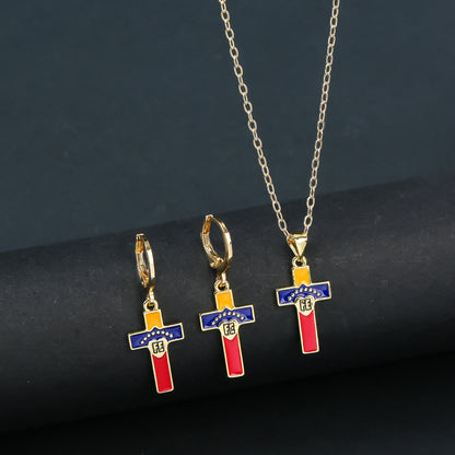 Fashion Venezuela Flag Cross Jewelry Set Classic Cactus Flower Earrings Necklace Charming for Woman Daily Party Jewelry Gift