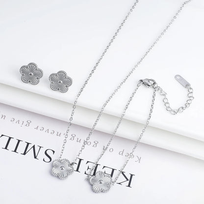 Simple Stainless Steel Laser Plum Blossom Five Leaf Flower Bracelet Necklace Earrings Jewelry Set Women's Party Jewelry Clover