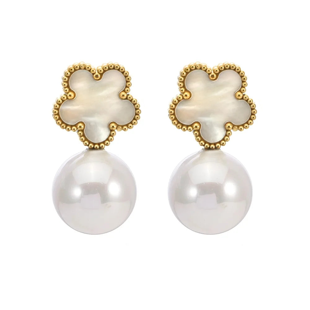 Hot Sale Stainless Steel Five Leaf Flower Pearl Drop Earrings Classic For Woman Clover Jewelry High Quality Party Wedding Gift