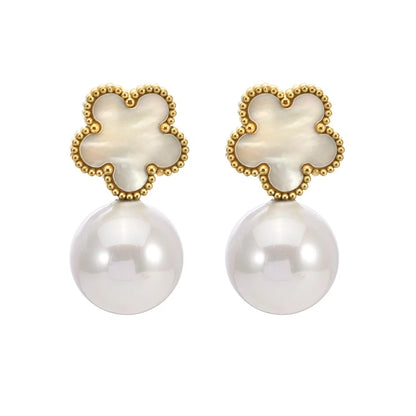 Hot Sale Stainless Steel Five Leaf Flower Pearl Drop Earrings Classic For Woman Clover Jewelry High Quality Party Wedding Gift