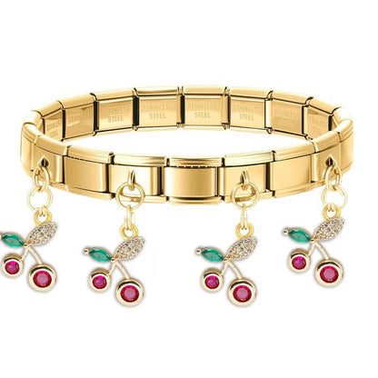 Geometric Square Stainless Steel Elastic Strap Bangle Bracelets for Women Strawberry Cherry Pendant Bracelets Hand Jewelry Gift