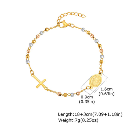 Vnox Stainless Steel Beaded Virgin Mary Bracelet,Charm Rosary Cross Chain Bracelet For Women,Religion Christ Three Color Jewelry