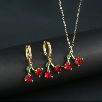 Light Luxury Crystal Zirconia Red Cherry Jewelry Set Earrings Necklace for Women Girls Sweet Jewelry Accessories Party Gifts