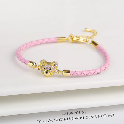 Adjustable Leather Braided Zirconia Bear Bracelet Classic Woman Animal Bracelet Fashion for Party Jewelry Gift Accessories