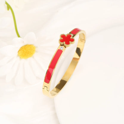 New Classic Oil Drip Stainless Steel Five Leaf Flower Open Bangle Luxury for Man Woman Daily Party Jewelry Couple Gift Clover