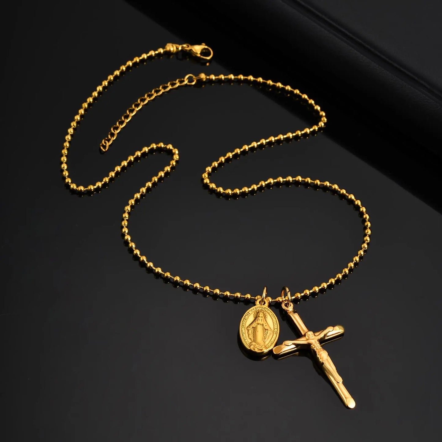 Catholic Cross Necklace for Men Boys,Gold Plated Stainless Steel Virgin Mary Prayer Necklace, Religious Faith Jewelry Gift