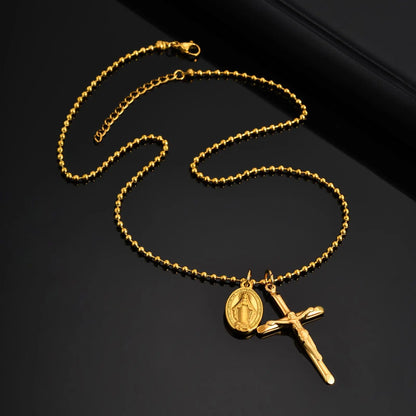 Catholic Cross Necklace for Men Boys,Gold Plated Stainless Steel Virgin Mary Prayer Necklace, Religious Faith Jewelry Gift