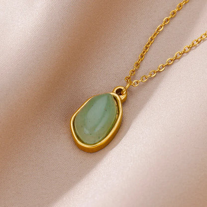 Oval Opal Pendant Necklace For Women Stainless Steel Gold Color Chain Collar Cute Lucky Jewelry Birthday Gift New Free Shipping