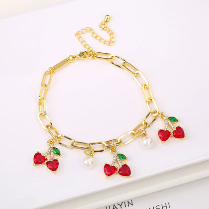 17 Colors Gold Plated Fruit Cherry Crystal Zirconia Adjustable Pearl Bracelet Luxury for Women Girls Casual Daily Party Jewelry