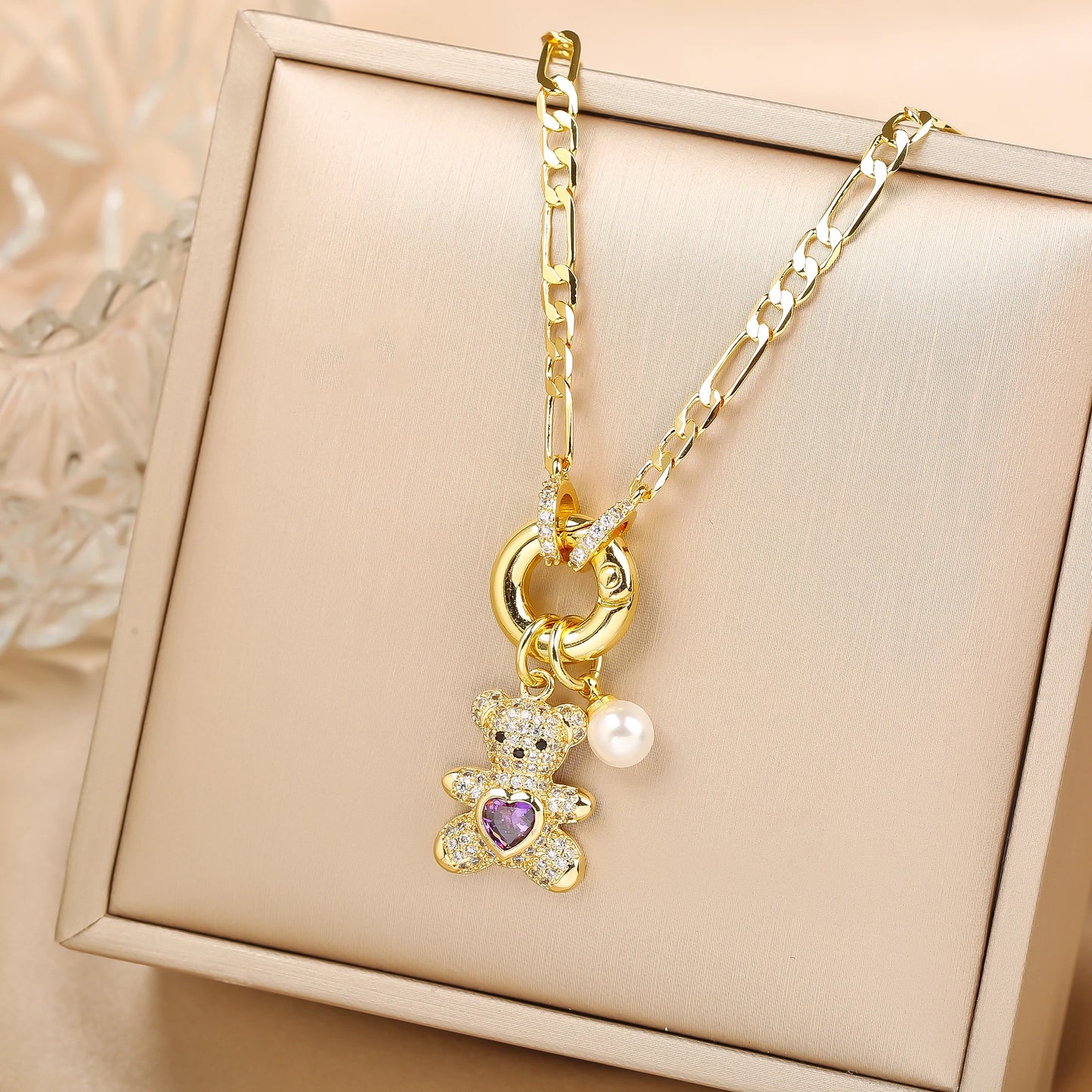 High Quality Shiny Crystal Zirconia Animal Cute Bear Pendant Necklace Choker for Woman Girl Holiday Lock Bone Chain Jewelry Gift