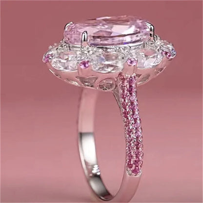 Big Oval Pink Zircon Cute Egg Shape Stone Rings For Women Silver Color Promise Engagement Wedding Bands Bridal Jewelry Girl Gift