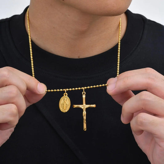 Catholic Cross Necklace for Men Boys,Gold Plated Stainless Steel Virgin Mary Prayer Necklace, Religious Faith Jewelry Gift
