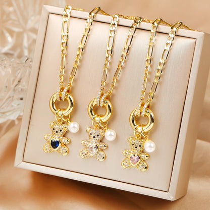 Sparkling Crystal Zirconia Animal Cute Bear Pendant Necklace Classic for Woman Girl Holiday Clavicle Chain Jewelry Casual Gifts