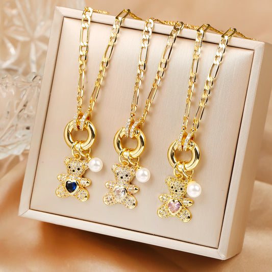 Sparkling Crystal Zirconia Animal Cute Bear Pendant Necklace Classic for Woman Girl Holiday Clavicle Chain Jewelry Casual Gifts