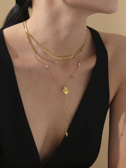 Elegant Stainless Steel Women Necklace Long Cross Pendant Round Zircon Chain Waterproof Luxury Charm Jewelry