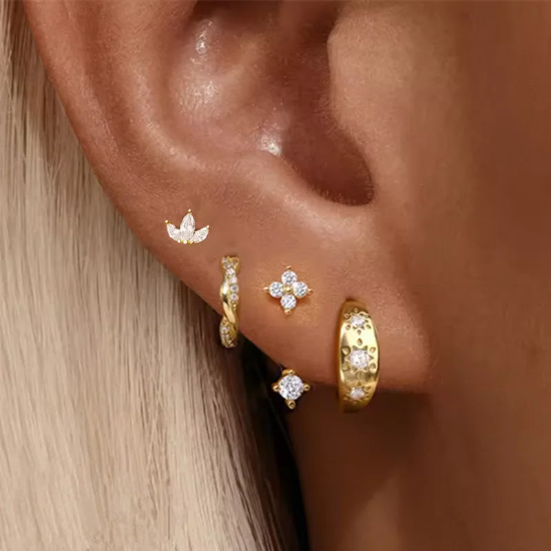 4PCS Fashion Stainless Steel Zirconia Star Huggie Hoop Earrings Set for Women Curious Pendant Flower Ear Stud Piercing Jewelry