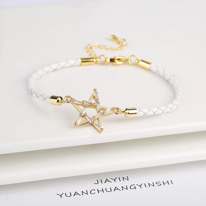 Personalized Square Geometric Star Zirconia Leather Braided Adjustable Bracelet Temperament for Women Party Jewelry Couple Gift