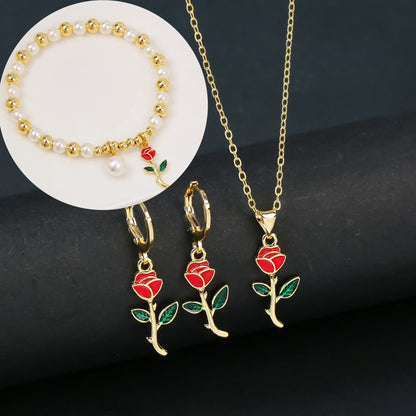 3pcs Lucky Plant Sunflower Rose Flower Necklace Jewelry Set Bracelet Earrings Charming for Women Girls Party Birthday Jewelry