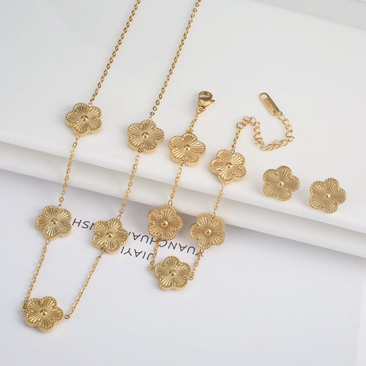 Classic Stainless Steel Metal Laser Five Leaf Flower Clover Jewelry Set Bracelet Necklace Earrings Y2k Style For Woman Jewelry