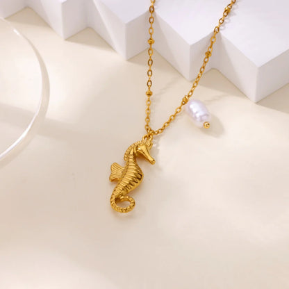 Free Shipping Vintage Imitation Pearl Seahors Necklace For Women Stainless Steel Geometric Chain Pendant Necklace Luxury Jewelry