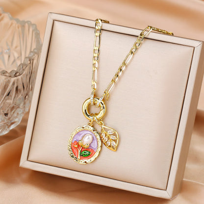 Hot Sale Metal Oil Drop Ocean Series Flower Pearl Leaf Pendant Necklace Charming For Woman Girl Casual Vacation Jewelry Gift