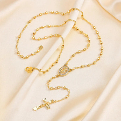 Zirconia Heart Virgin Mary Rosary Bead Cross Necklace for Women, Long Chain Cross Pendant Christian Catholic Religious Jewelry