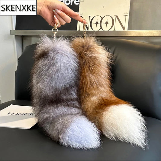 2024 Real Fox Fur Tail Large Long Natural Fur tail Keychain Pendant Cosplay tail Cute Wolf Fox Tail Fur Car Keychains For Women