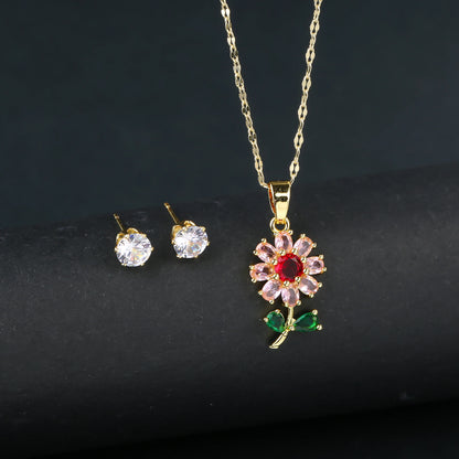 2pcs Sparkling Crystals Botanical Sunflower Necklace Earrings Jewelry Set for Woman New Fashion Casual Party Jewelry GirlGift