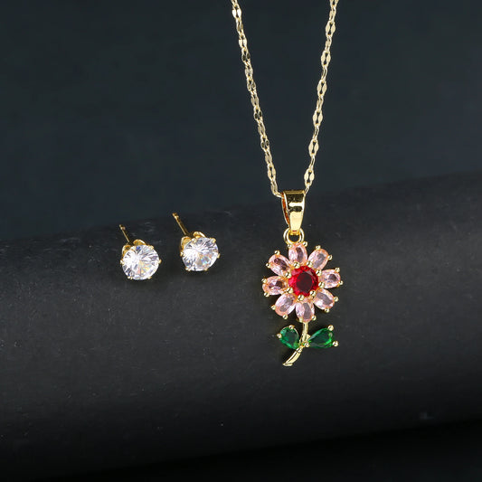 2pcs Sparkling Crystals Botanical Sunflower Necklace Earrings Jewelry Set for Woman New Fashion Casual Party Jewelry GirlGift