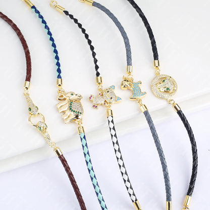 High Quality Zirconia Puppy Snake Elephant Cat Leopard Animal Theme Leather Rope Braided Bracelet for Man Woman Party Jewelry