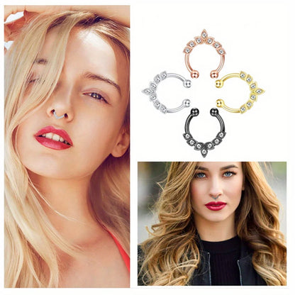 1/4Pcs Simple Fashion Stainless Steel Fake Septum Nose Ring, Clip On Cubic Zerconia Faux Nose Rings Non Piercing Septum Jewelry