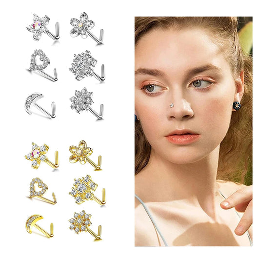 6Pcs 20G Stainless Steel Flower Heart Star-shaped Nose Rings