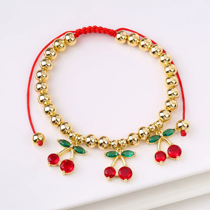 Gold Plated 6mm Copper Bead Chain Braided Fruit Cherry Crystal Adjustable Bracelet New Fashion Woman Girl Daily Wear Jewelry