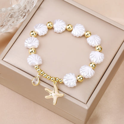 Hot Sale White Shell Woven Starfish Pendant Gold Plated Copper Bead Bracelet Luxury for Woman Girl New Trend Party Jewelry