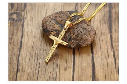 Vnox Cross Necklace for Men Women,Catholicism Jesus Pendant,Gold Color Stainless Steel Unisex Collar,Church Prayer Faith Jewelry