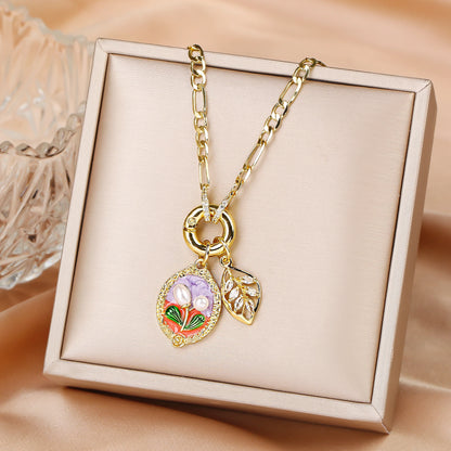 Hot Sale Metal Oil Drop Ocean Series Flower Pearl Leaf Pendant Necklace Charming For Woman Girl Casual Vacation Jewelry Gift