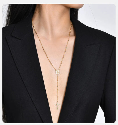 Vnox Virgin Mary Heart Rosary Necklaces for Women Men, Gold Plated Cross Prayer Collar, Long Sweater Chain Necklace