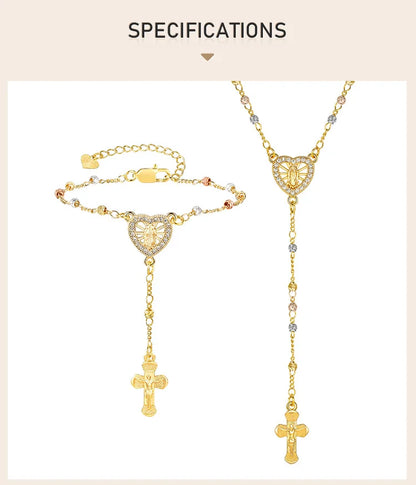 Zirconia Heart Virgin Mary Rosary Bead Cross Necklace for Women, Long Chain Cross Pendant Christian Catholic Religious Jewelry
