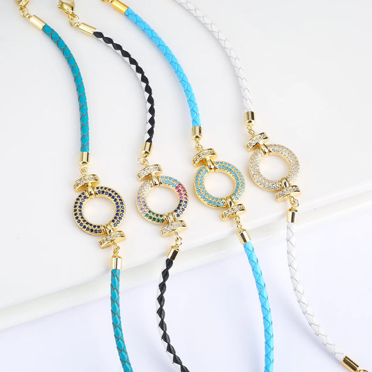 Trendy Colored Round Zirconia Accessory Leather Braided Adjustable Bracelet High Quality Party Holiday Jewelry Gift For Women