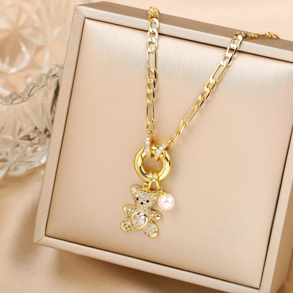 High Quality Shiny Crystal Zirconia Animal Cute Bear Pendant Necklace Choker for Woman Girl Holiday Lock Bone Chain Jewelry Gift