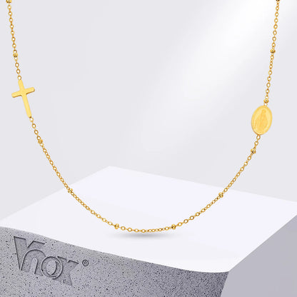 Vnox Dainty Sideway Cross Necklaces, Women's Virgin Mary Charm Collar, Adjustable Stainless Steel Jewelry