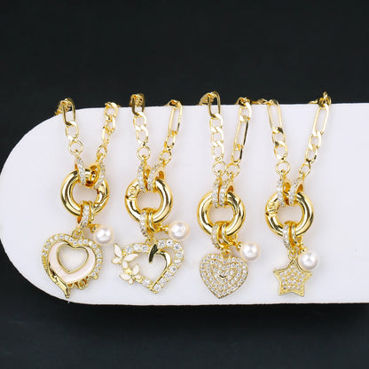 High Quality Gold Color 3:1 Chain Heart Shape Star Zirconia Pendant Necklace Charm for Woman Girl New Fashion Jewelry Wholesale