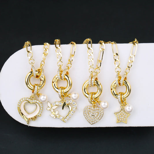High Quality Gold Color 3:1 Chain Heart Shape Star Zirconia Pendant Necklace Charm for Woman Girl New Fashion Jewelry Wholesale
