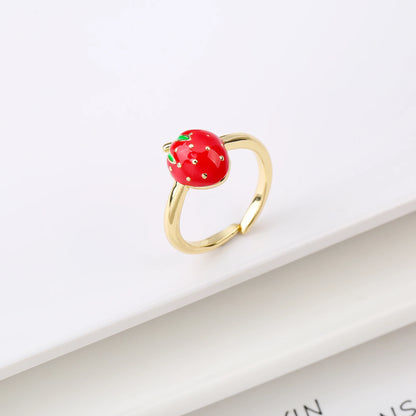 New Creative Copper Oil Drop Red Strawberry Zirconia Ring Charm For Woman Girl Vacation Casual Jewelry Accessories Adjustable